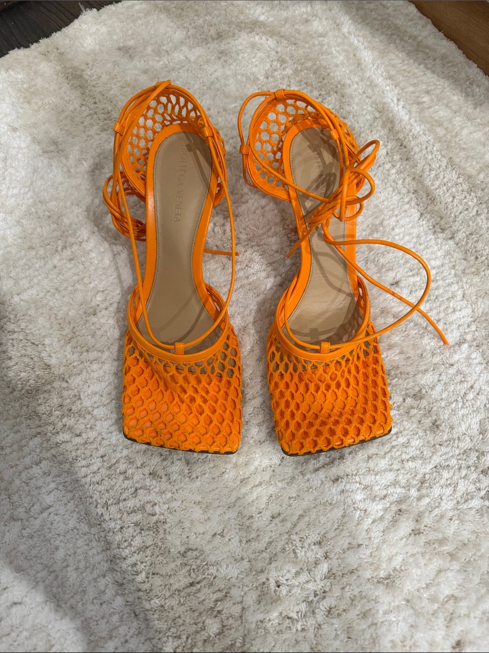 Bottega Veneta Orange Mesh Square-Toe Lace-Up Heels